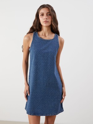 Lc Waikiki Yeni Sezon Bisiklet Yaka Kendinden Desenli Mini Jean Elbise