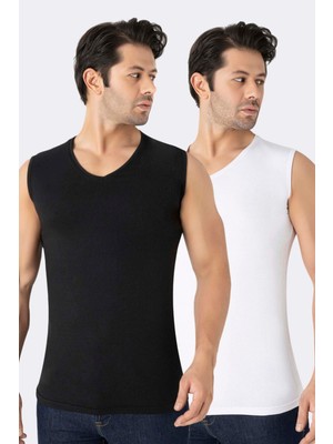 2'li Paket Erkek Beyaz Siyah V Yaka Kolsuz Tişört Atlet Pamuklu Likralı Esnek ve Yumuşak Kumaş