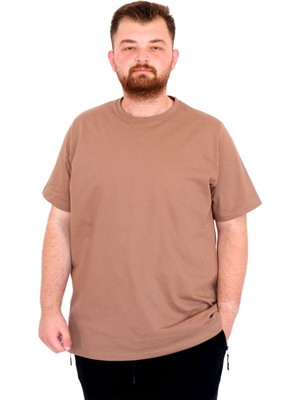 Mode Xl Büyük Beden Erkek T-Shirt Bisiklet Yaka Basic U25162 Sütlü Kahve