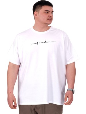 Mode Xl Büyük Beden Erkek T-Shirt Bisiklet Yaka Freedom U25033 Beyaz