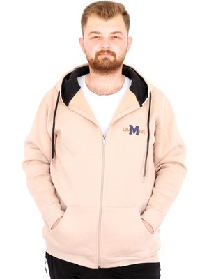 Mode Xl Büyük Beden Erkek Kapüşonlu Fermuarlı Sweatshirt U25803 Bej