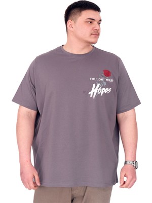 Mode Xl Büyük Beden Erkek T-Shirt Bisiklet Yaka Rose U25032 Füme