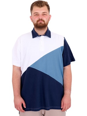 Mode Xl Büyük Beden Erkek T-Shirt Polo Yaka Parçalı 25313 Beyaz