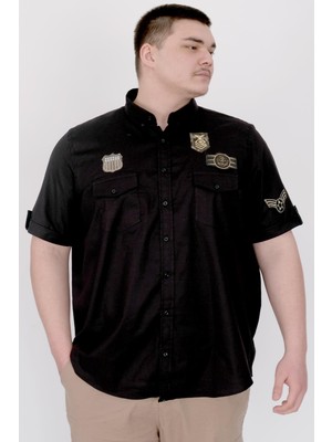 Mode Xl Büyük Beden Erkek Gömlek Çift Cep Kapaklı Gabardin U25601 Siyah