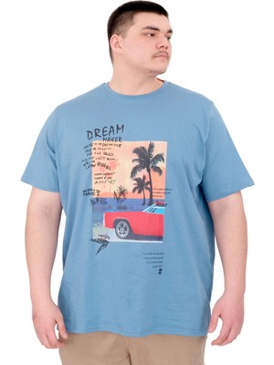Mode Xl Büyük Beden Erkek Baskılı T-Shirt Palm Dream U25026 Mavi