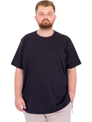 ModeXL Mode Büyük Beden Erkek T-Shirt Lacivert Bisiklet Yaka Standart Kol Günlük Stil Dokuma Kumaş