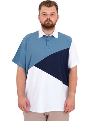 Mode Xl Büyük Beden Erkek T-Shirt Polo Yaka Parçalı 25313 Mavi