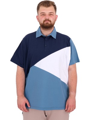 Mode Xl Büyük Beden Erkek T-Shirt Polo Yaka Parçalı 25313 Indigo