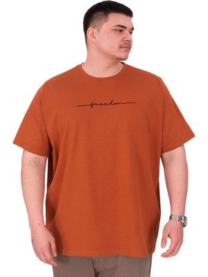 Mode Xl Büyük Beden Erkek T-Shirt Bisiklet Yaka Freedom U25033 Tarçın