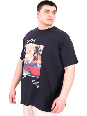 Mode Xl Büyük Beden Erkek Baskılı T-Shirt Palm Dream U25026 Lacivert