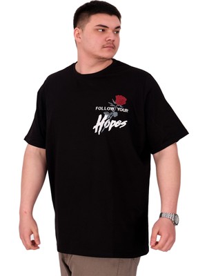 Mode Xl Büyük Beden Erkek T-Shirt Bisiklet Yaka Rose U25032 Siyah