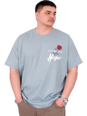 Mode Xl Büyük Beden Erkek T-Shirt Bisiklet Yaka Rose U25032 Mavi