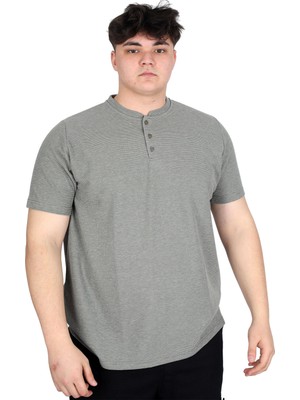 ModeXL Mode Xl U20036 Haki Renkli Büyük Beden Erkek Hakim Yaka Tişört Kısa Kol Günlük Stil Waffle Dokuma
