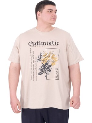 Mode Xl Büyük Beden Erkek T-Shirt Bisiklet Yaka Optımıstıc U25028 Bej