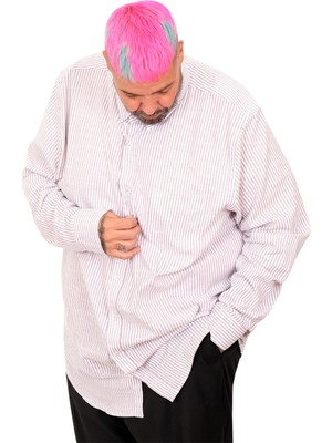 Mode Xl Battal Beden Erkek Keten Çizgili Gömlek 20384