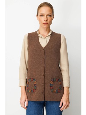 Desen Triko Kadın V Yaka Cebi Tığlamalı Yün Yelek 25020 D.kahve