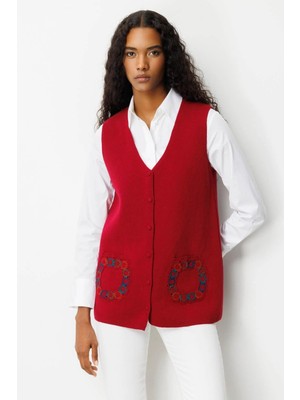 Desen Triko Kadın V Yaka Cebi Tığlamalı Yün Yelek 25020 Vişne Çürüğü