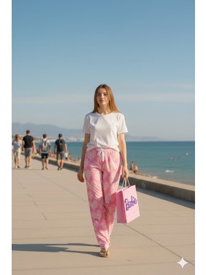 Beyaz Papatya Kalp Desenli Pembe Kumaş Pijama Alt -BK1000021