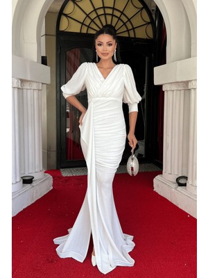 Simli Kumaş Balık Model Volan Detaylı Abiye Elbise - Beyaz