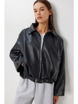 Kemerli Suni Deri Bomber Ceket LOH0013 Siyah