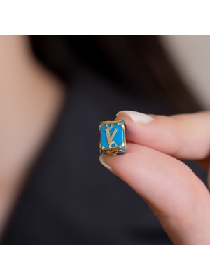 Bayar Gold 14 Ayar Altın Kafesli Mavi Boncuk V Harf Kolye Ucu