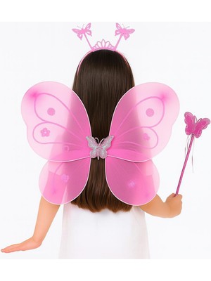Resveq Pembe Kelebek Kız Seti – 50 cm Kelebek Kanadı, Taç ve Asa