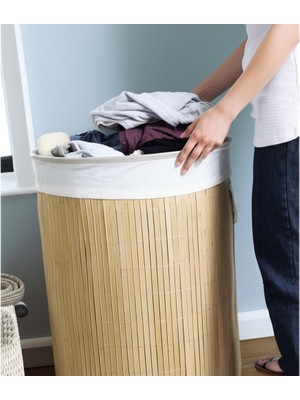 Yuvarlak Bambu Kirli Sepeti Doğal Bambu Malzeme, 50X35CM, Pratik Çamaşır Sepeti, Yıkanabilir Kumaş