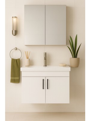 Luna 65 cm Camlı Üst Modül ve Seramik Lavabolu, Mdf Banyo Dolabı Takımı