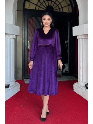 Kadife Kumaş V Yaka Midi Elbise - Patlıcan Mor