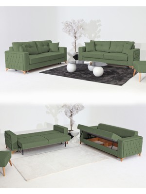 Nola Koltuk Takımı 3+3+3 & Bazalı Yataklı Koltuk & Kanepe - Yeşil