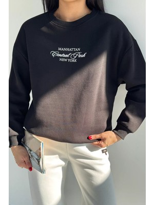 Kadın Ön Yazı Baskılı Bisiklet Yaka Şardonlu Sweatshirt P-00018608