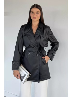 Kadın Çift Cepli Bel Kuşaklı Düğmeli Suni Deri Trençkot P-00018687