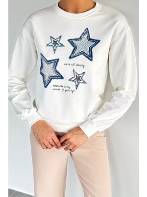 Kadın Bisiklet Yaka Baskılı Taş Işlemeli Sweatshirt P-00018552