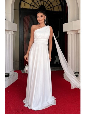 Simli Tül Kumaş Plise Detaylı Abiye Elbise - Beyaz