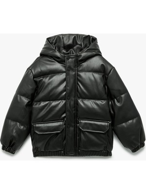 Uzun Kollu Kapşonlu Suni Deri Ceket