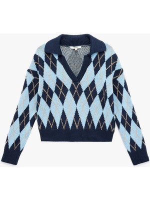 Uzun Kollu Baklava Desenli Polo Yaka Triko Oversize Kazak