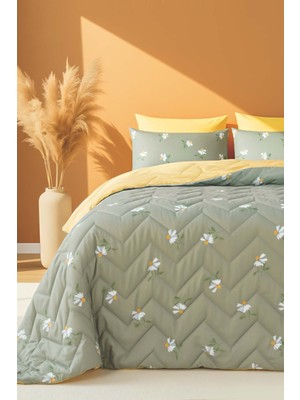 Yeşil Papatya Çift Kişilik Pamuklu Kapitone Pike & Yatak Örtüsü