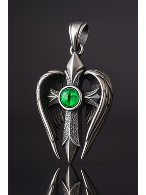Paslanmaz Çelik Yeşil Cam Göz Detaylı Melek Kanadı Kolye
