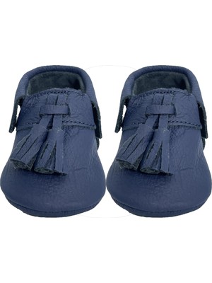Evokids Hakiki Deri Lacivert Ponpon Detaylı Bebek Patiği