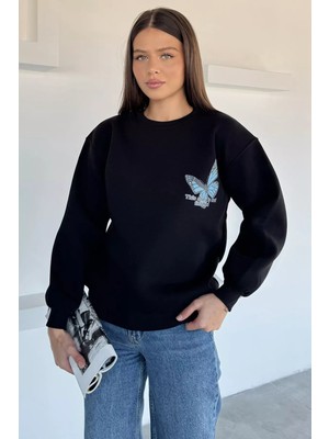 Kadın Ön ve Sırt Kelebek Baskılı Üç Iplik Şardonlu Bisiklet Yaka Sweatshirt P-00018482
