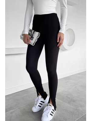 Kadın Yüksek Bel Kendinden Çizgi Desenli Paça Fermuar Detaylı Likralı Tayt P-00018472