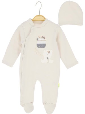 Ayı Nakışlı Şapkalı Penye Patikli Tulum - Krem - 6 - 9 Ay - HYT1245-KREM-6 - 9 Ay Krem