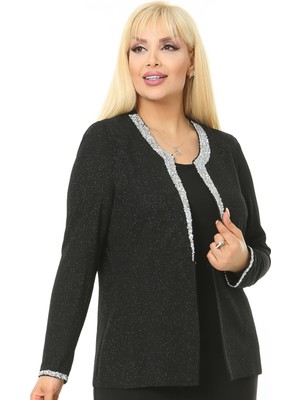 Büyük Beden 3728 Siyah Gümüş Ceket+Atlet Abiye Ikili Takım