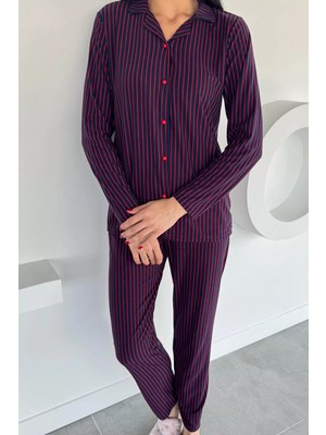 Kadın Düğmeli Desenli Süet Pijama Takımı P-00018489