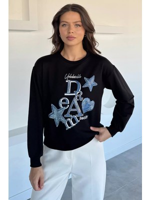 Kadın Bisiklet Yaka Baskılı Taş Işlemeli Sweatshirt P-00018484