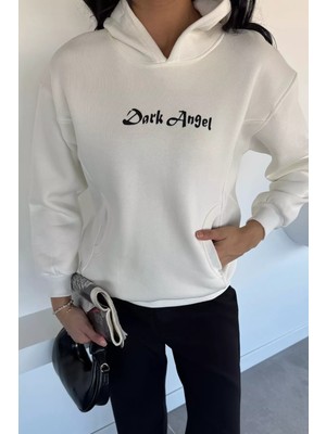 Kadın Kapüşonlu Kanguru Cepli Baskılı Üç Iplik Şardonlu Sweatshirt P-00018480