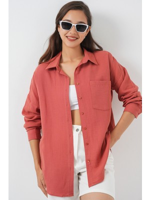 Kadın Tek Cepli Oversize Müslin Gömlek 20353 - Somon