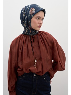 Jenephıe Desen Pamuklu Viskon Eşarp Lacivert