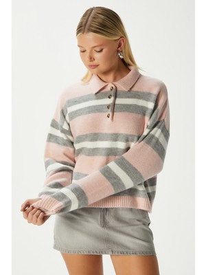 Kadın Otto Yumuşak Dokulu Pola Yaka Pudra Gri Çizgili Kazak