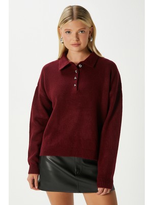 Kadın Otto Yumuşak Dokulu Pola Yaka Bordo Kazak